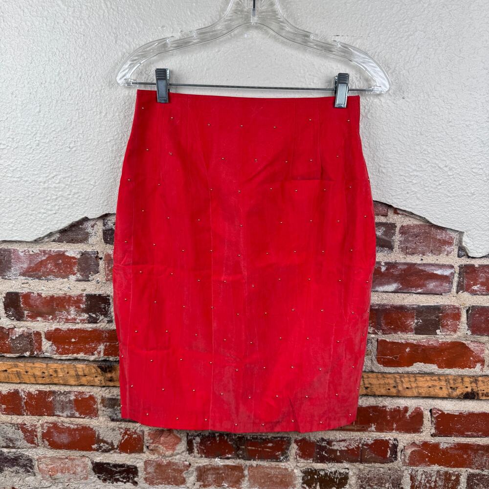 Vintage Cache Skirt Size 27 Red Knee Length Pencil Gold Beaded USA 90s